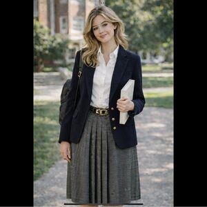 MNG Pleated Tweed A-Line Skirt Belted Waist